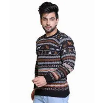 Round Full Sleeves Men Black Woolen Pullover Sweater